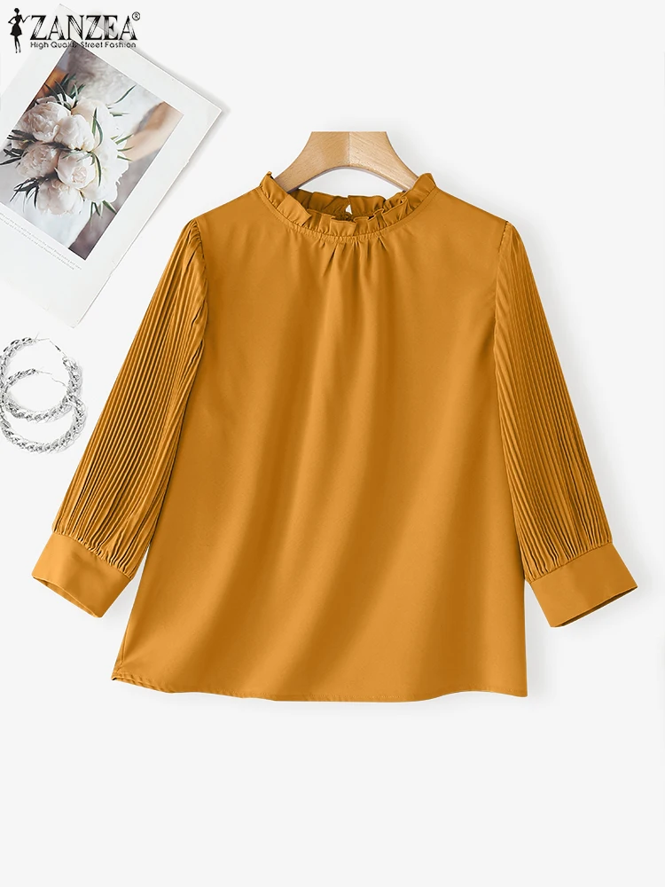 ZANZEA Women Elegant Blouses 2025 Autumn 3/4 Puff Sleeve Pleated Fashion Tops Casual Stylish Shirts Ruffled Solid Color Blusas