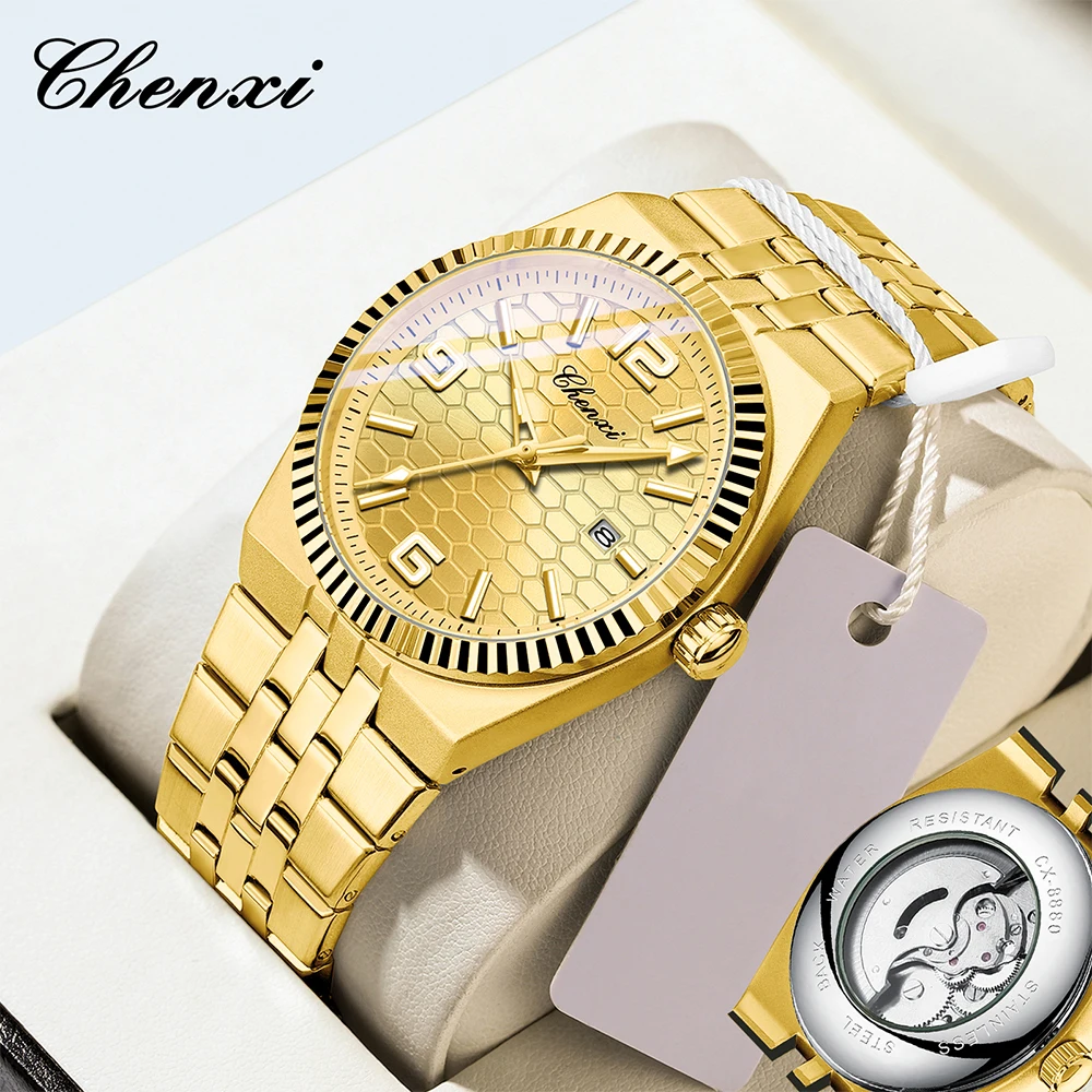 

CHENXI мужские механические часы классические модные деловые сотовые клетчатые часы со светящимся календарем водонепроницаемые часы мужские золотые
