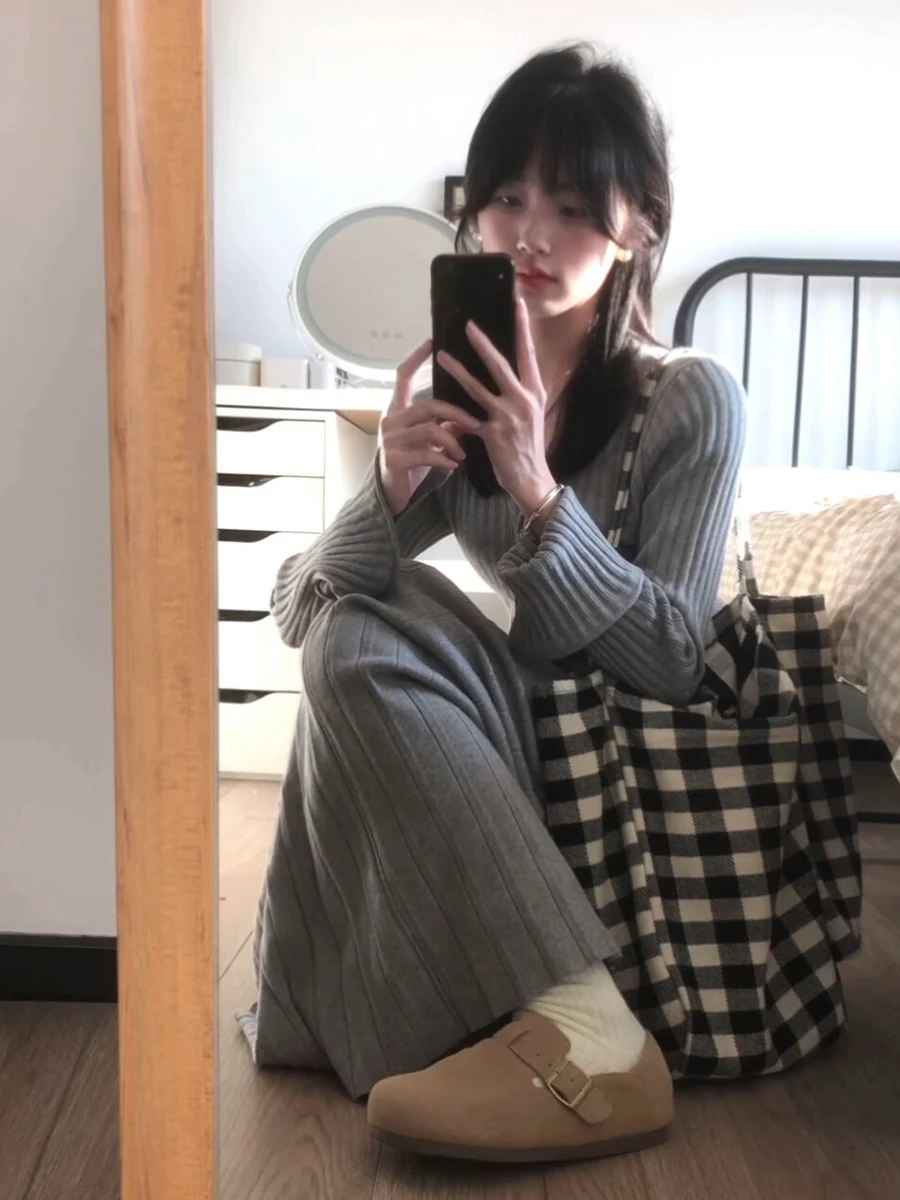 

Korean Style Lazy Knitted Set Women's Spring Autumn Slimming Waist V-Neck A-Line Skirt Two-Piece Suit Fashionable Casual Outfit