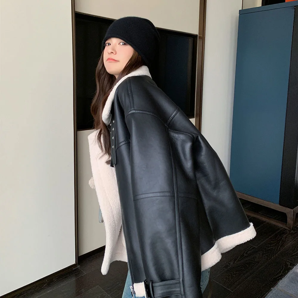 Lady Fashion PU Leather Jackets Women Lambswool Collar Coat Zipper Winter Jacket Female Long Sleeve Elegant Faux Leather Outwear