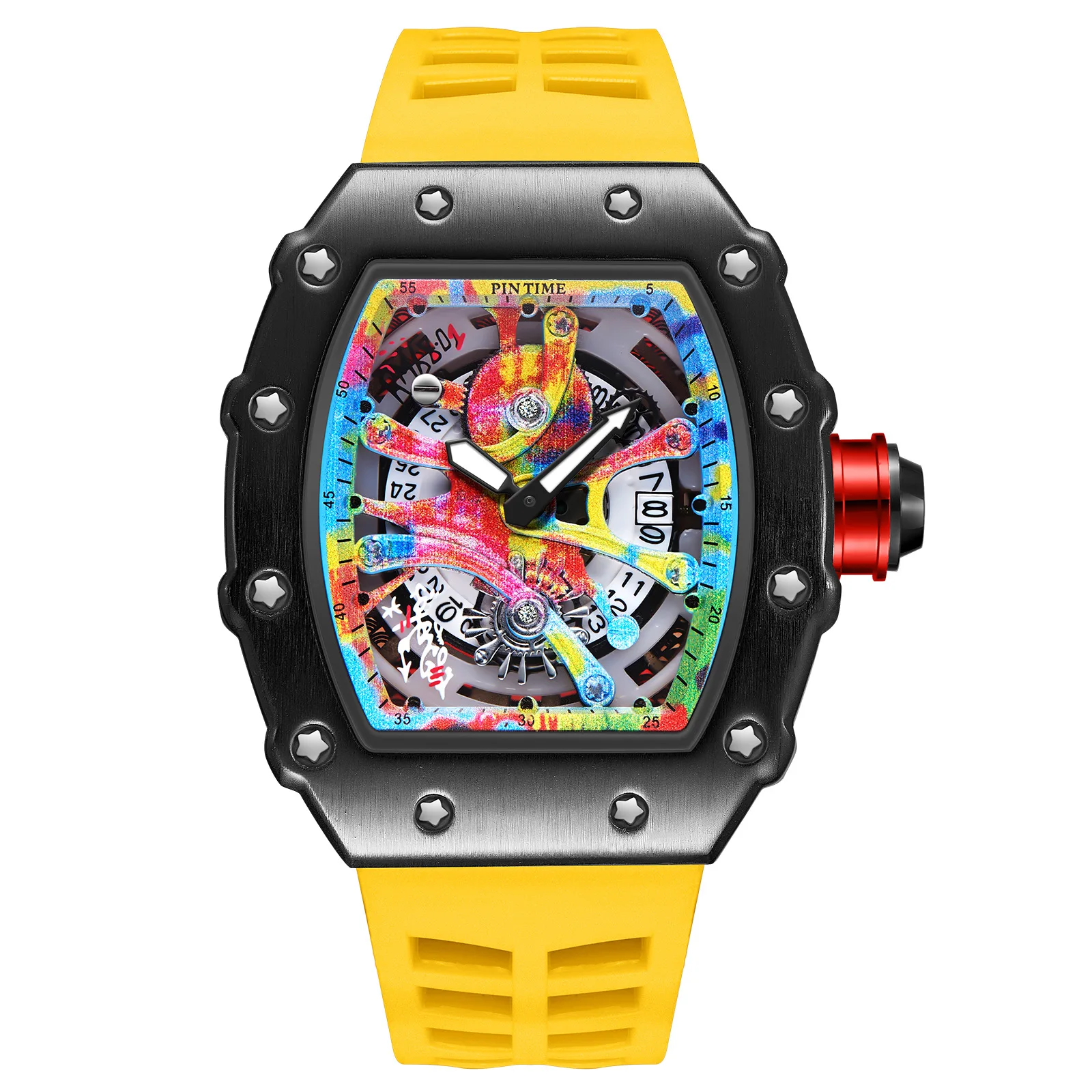 

PINTIME Tonneau Men Sports Watch Quartz Wristwatch Fashion Military Silicone Strap Waterproof Creative Punk Hip Hop Clock