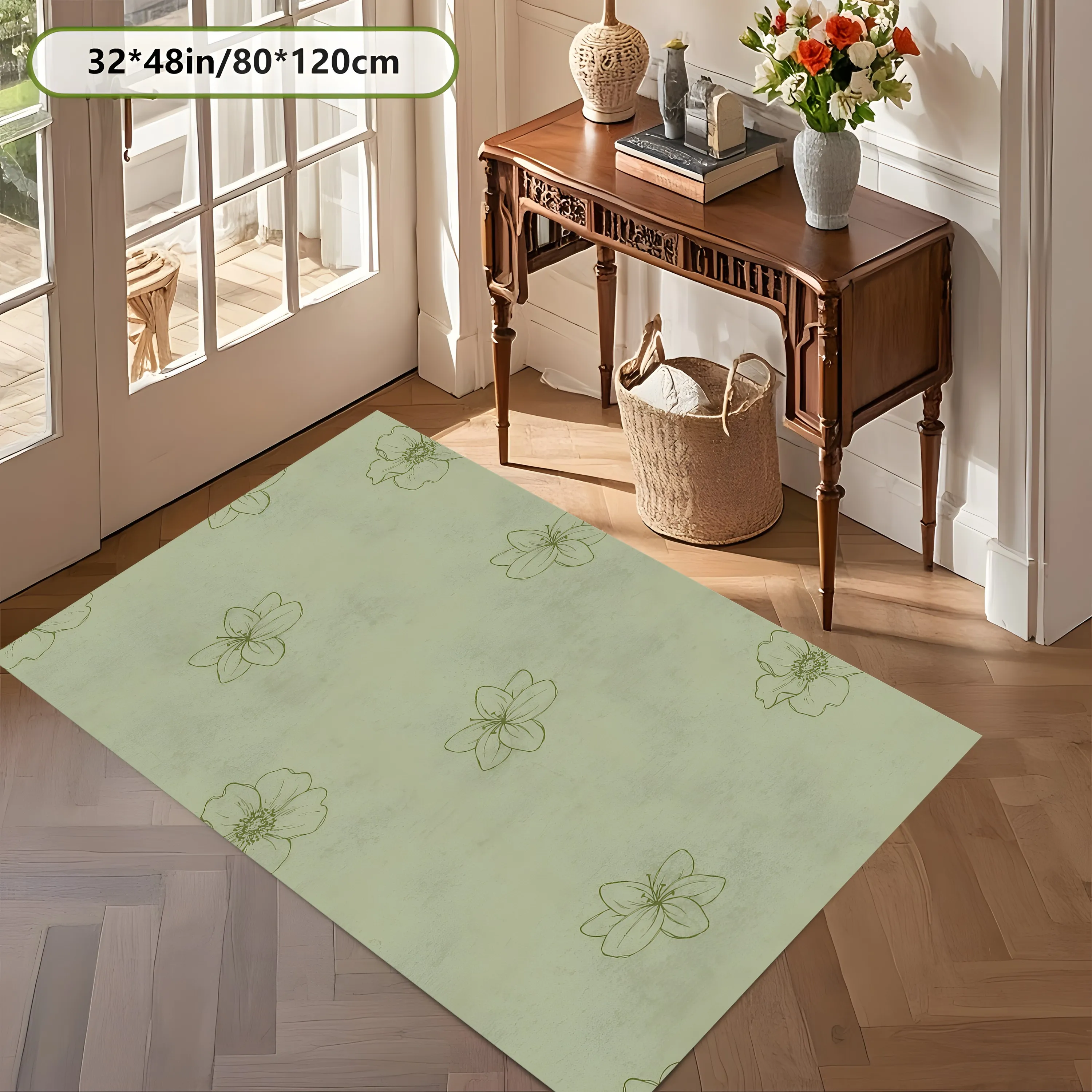 2D Carpet with Light Green Background and Line Drawing Floral Pattern in a Fresh, Soothing Style for Living Room and Bedroom