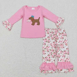 Wholesale Baby Girl Pink Long Sleeves Embroidery Dog Heart Shirt Kids Floral Pants Children Set Children Valentine's Day Outfit