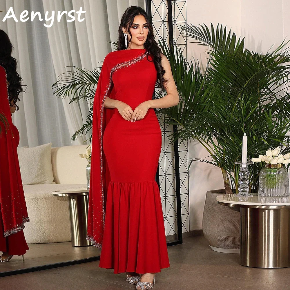 Aenyrst Red One Shoulder Mermaid Saudi Arabia Prom Dresses With Shawl Beading Evening Gowns Floor Length Christmas Party Dress