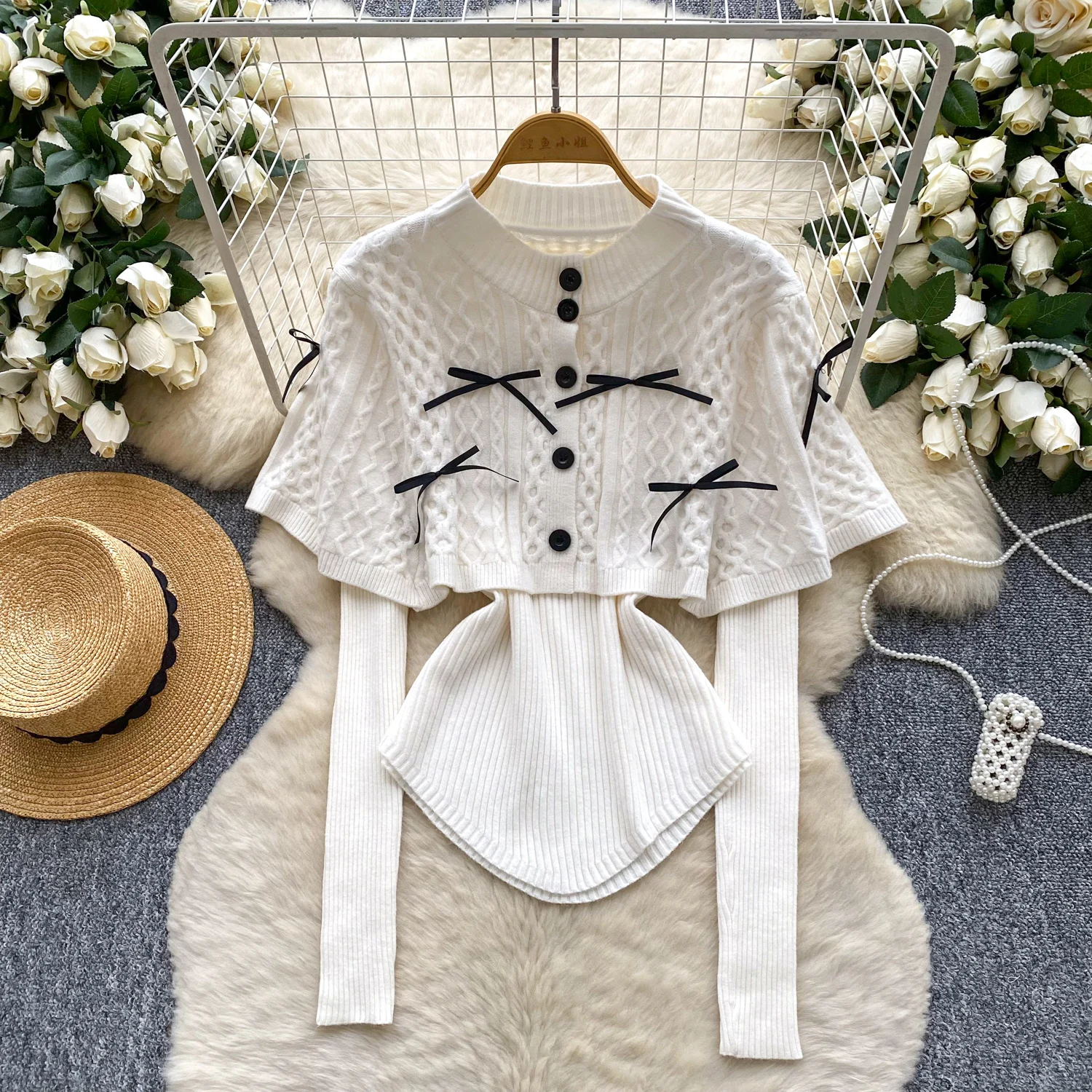 

Lady Korea Elegant Cape Cloak 2pcs Sets Women Knit Button Slim Coat Jackets Female Winter Senior Luxury Dinner Banquets Outfits