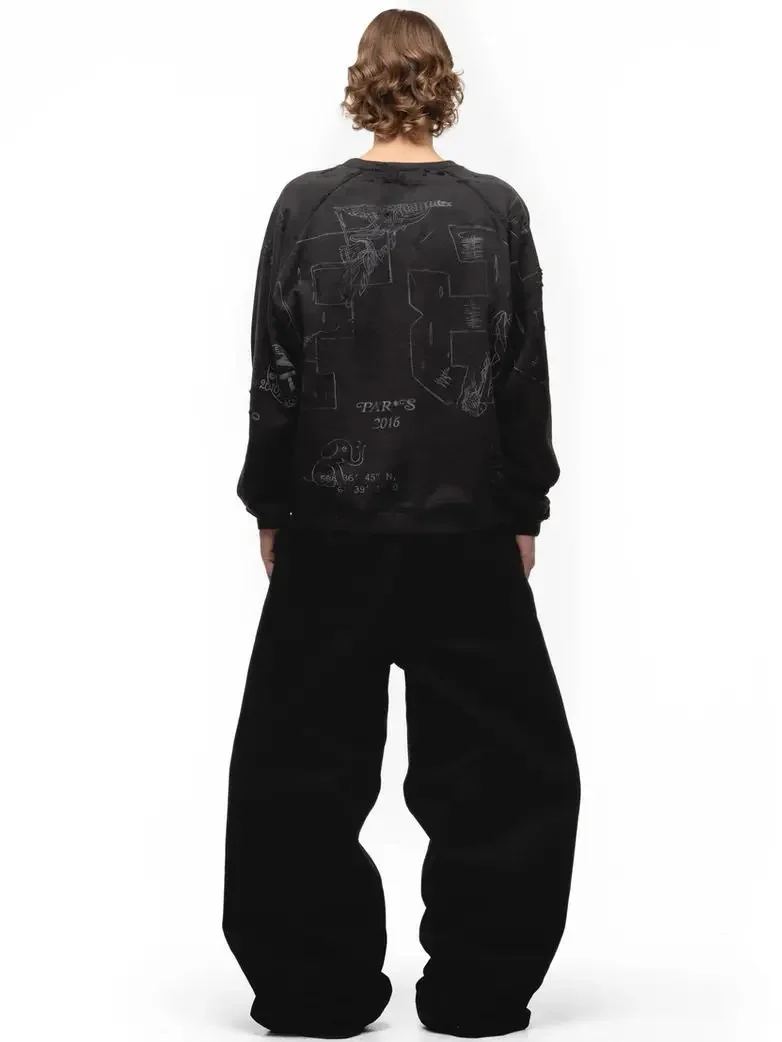 No Faith Studios American Japanese Red Ears Red Edge Solid Black Raw Cow Baggy Jeans