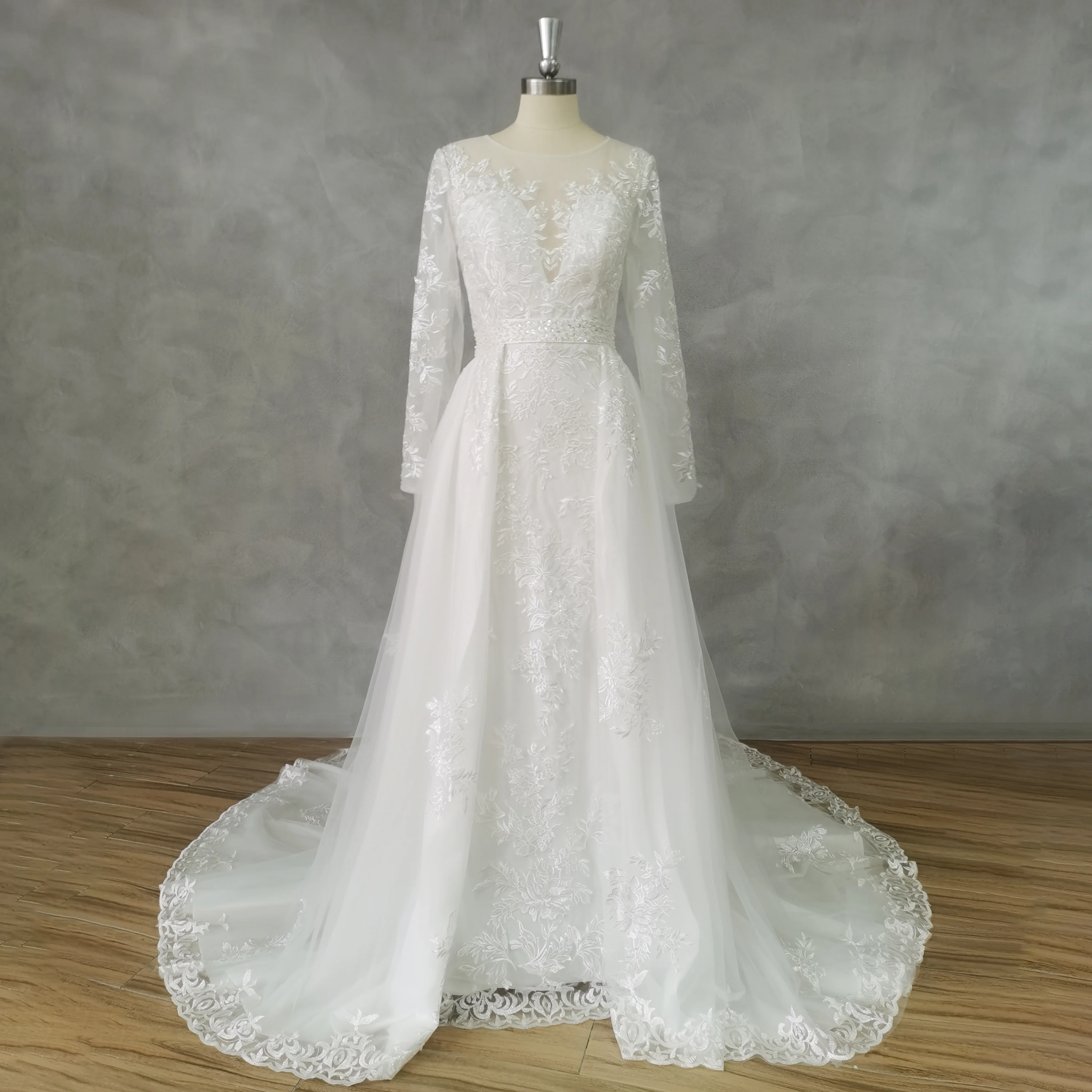 DIDEYTTAWL Real Picture Long Sleeves Deep V-Neck Lace A-Line Wedding Dress 2024 Button Back Detachable Court Train Bridal Gown