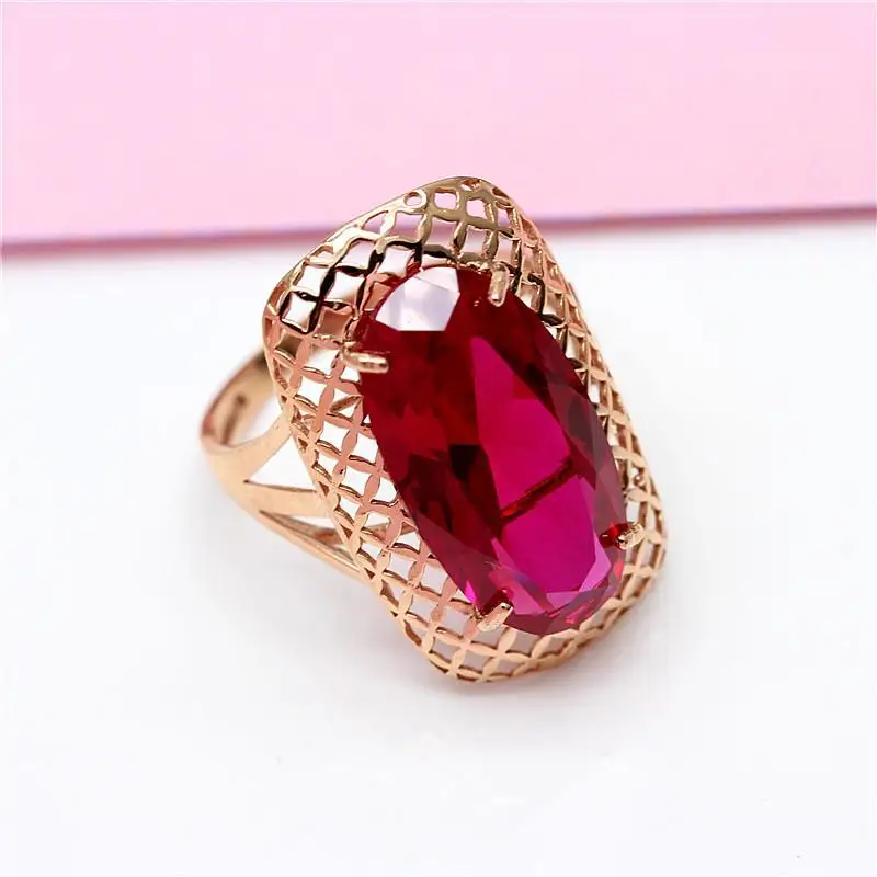 585 purple gold 14K rose gold classic oval ruby rings for women square hollow craft exaggerated luxury wedding jewelry