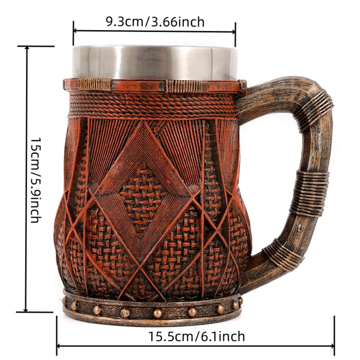 Medieval Large Beer Tankard 500ml with Bamboo Texture Outer 304 Stainless Steel Inner for Tea Coffee Use