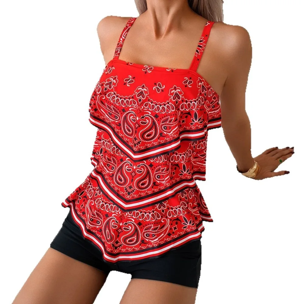 Retro High Waisted Tummy Control Tankini Swimsuits For Women, Modest Boyleg Bathing Suits With Skirted Bottom, Slimming Tankini