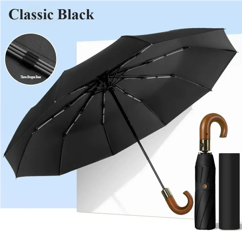 Three-Fold Automatic Folding 10-Rib Solid Wood Curved Handle Color Rubber Umbrella Business Umbrella Neutral Curved Hook Umbrell