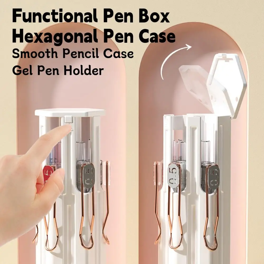 Pen Case Easy to Clean Pencil Case Hexagonal Portable Pencils Gel Pens Box with Easy Access Lid Card Slots Pen Holder School