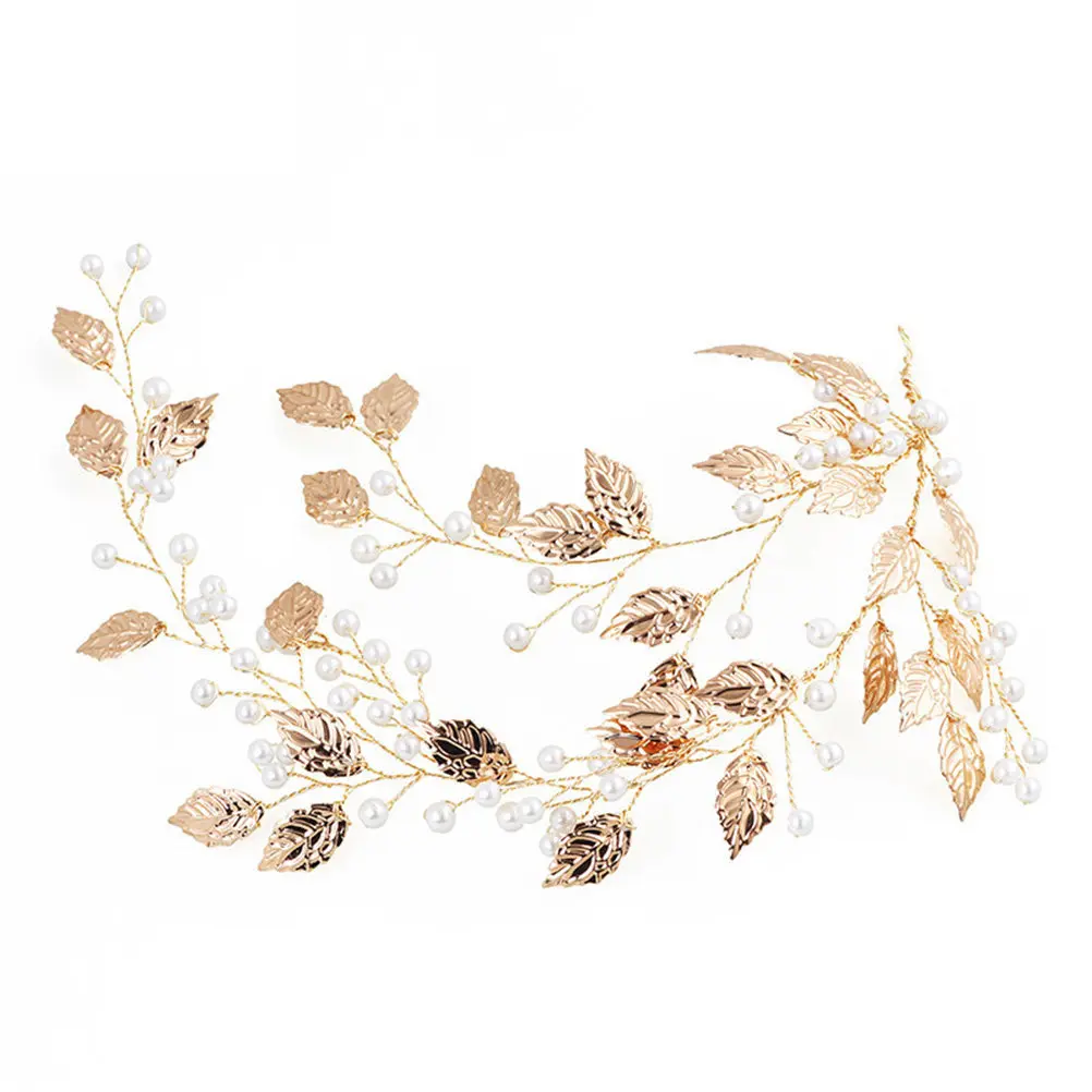 Golden Leaves Pearl Bridal Hairband Handmade Wedding Headwear Decorative Head Chain Golden Leaves Wedding Headwear