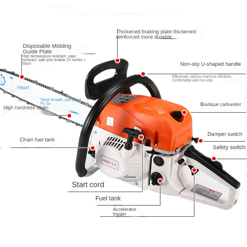 Motosserra portátil de alta potência, 20 polegadas, 8500W, multifuncional, Gasolina, Logging