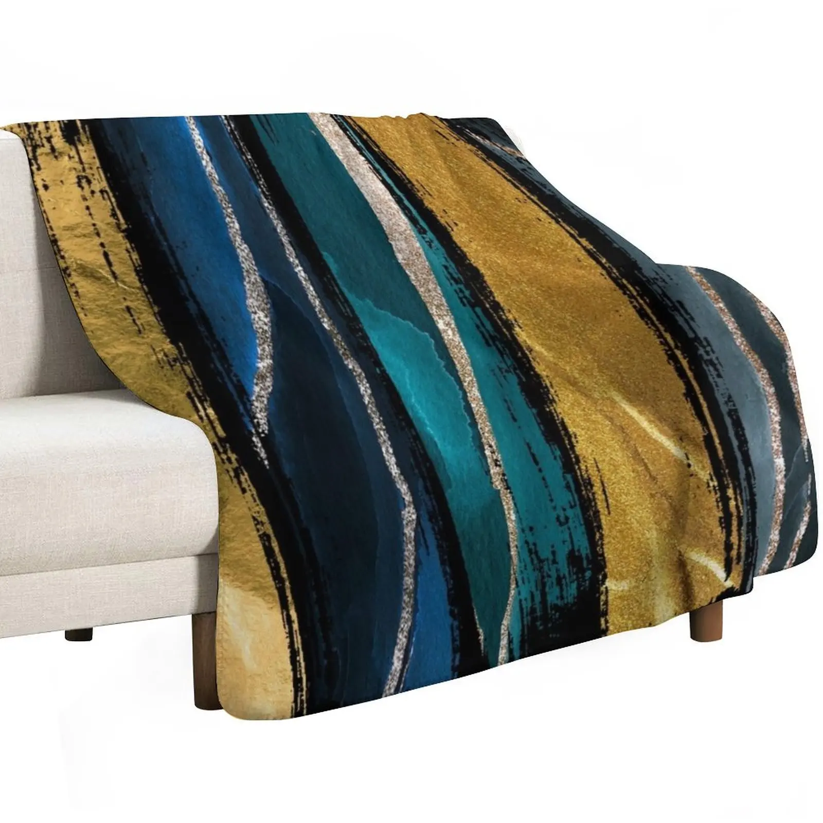 

Abstract Vertical Brushstroke Teal and Gold Throw Blanket for winter Decorative Beds cosplay anime Decoratives Blankets