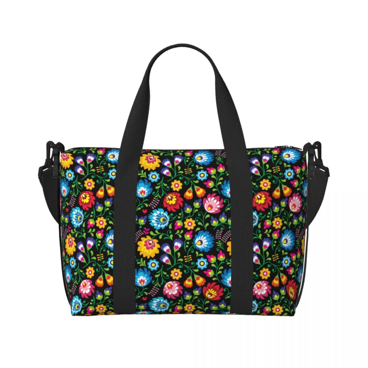 

Custom Colorful Slavic Floral Pattern Beach Tote Bag for Women Extra Large Gym Carry On Travel Shopping Bags