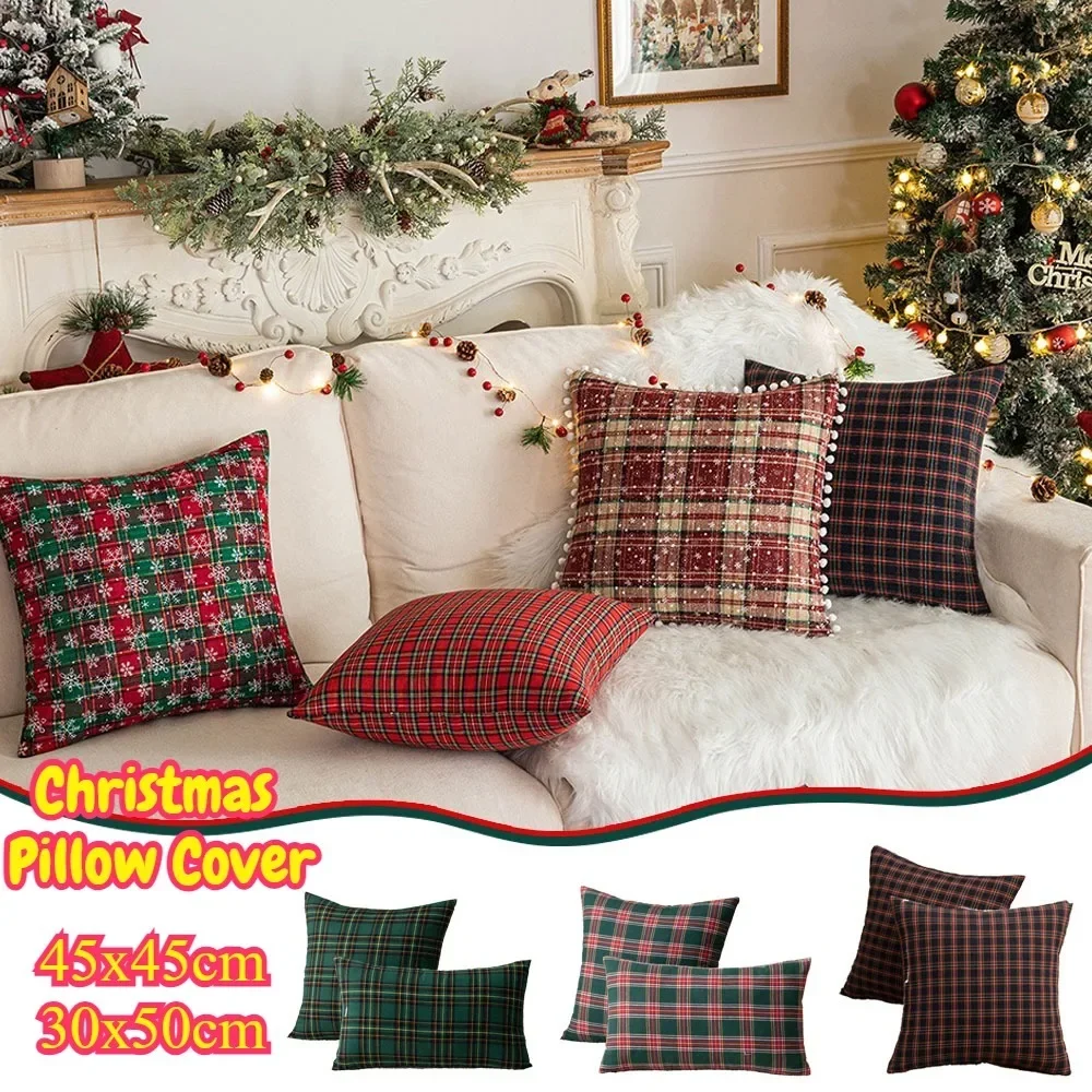 45x45cm Christmas Pillow Cases Checkered Snowflakes Christmas Decorations 2024 Cojines Decorativos Suministros Navideños Navidad