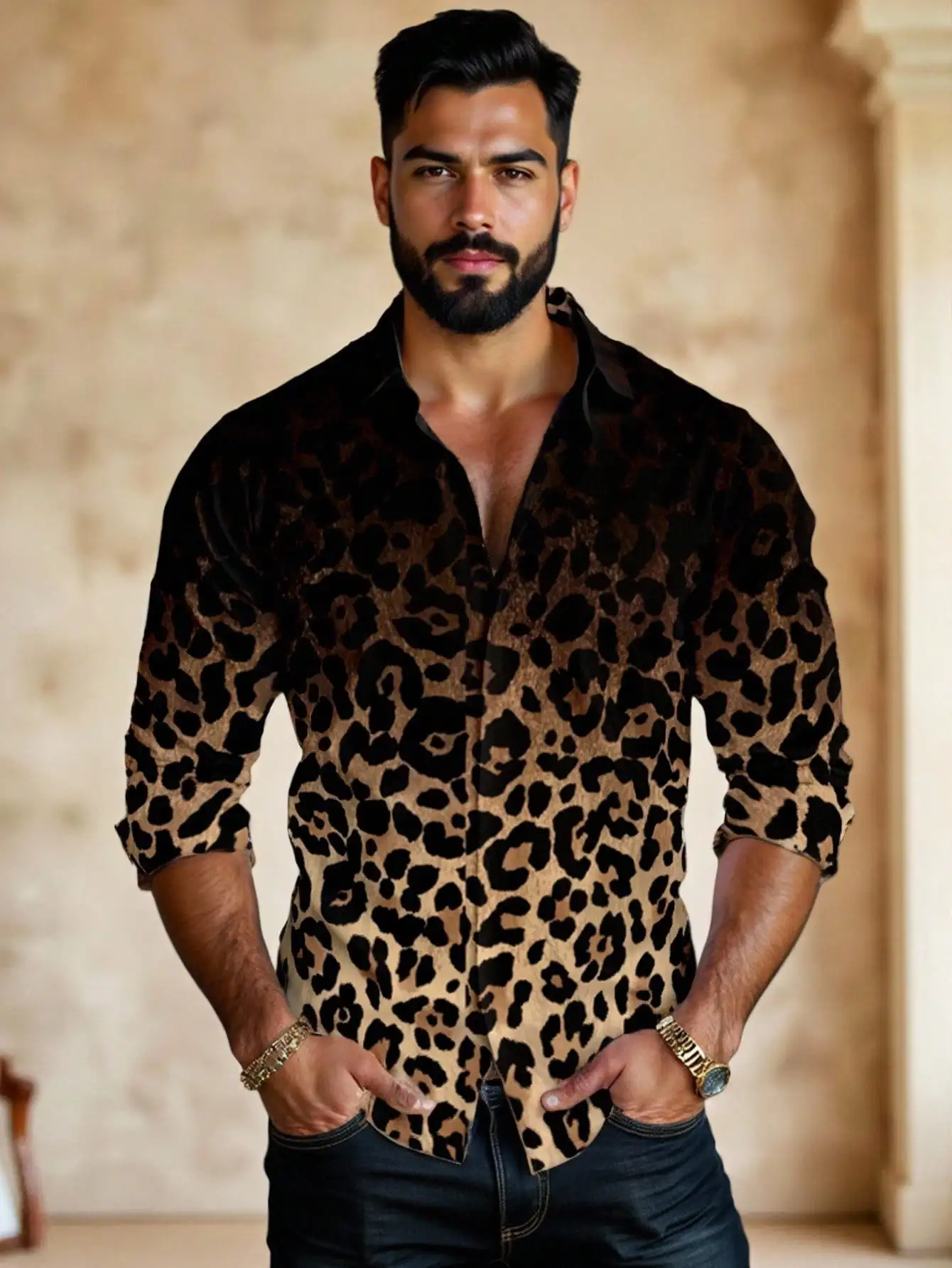 

Men's Leopard Print Button-Front Long Sleeve Casual Shirt for Fall