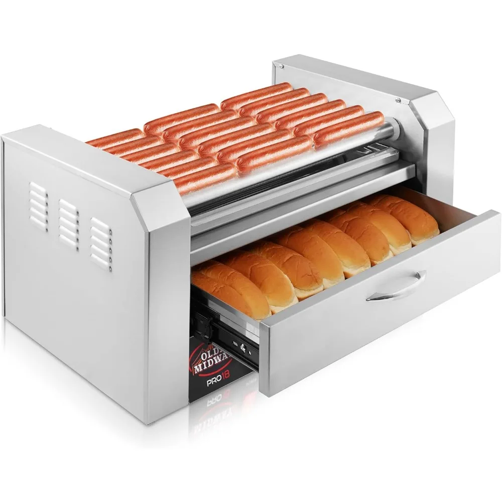 Macchina elettrica per fornelli a griglia a 7 rulli Hot Dog 18 con cassetto riscaldante per panini - Grado commerciale, acciaio inossidabile