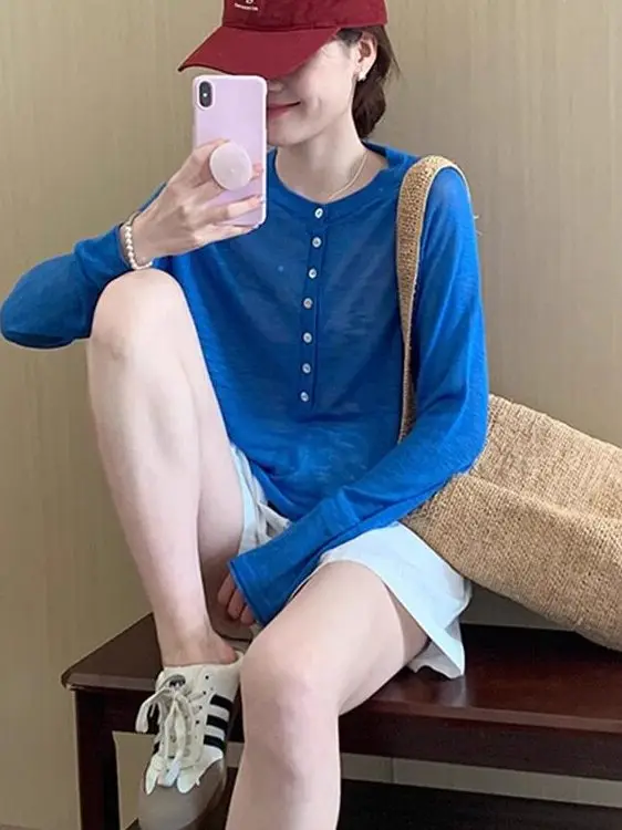 Klein Blue Sun Protection Ice Silk Long Sleeve T-Shirt Women's Loose Thin Outerwear Commute Style Pure Color Autumn Wear