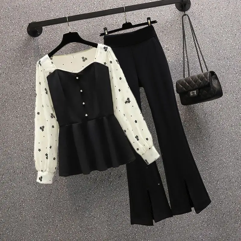 Fashion Two Piece Set Spring Autumn New Women\'s Long Sleeve Floral Chiffon Shirt Black Pants Set M-4XL