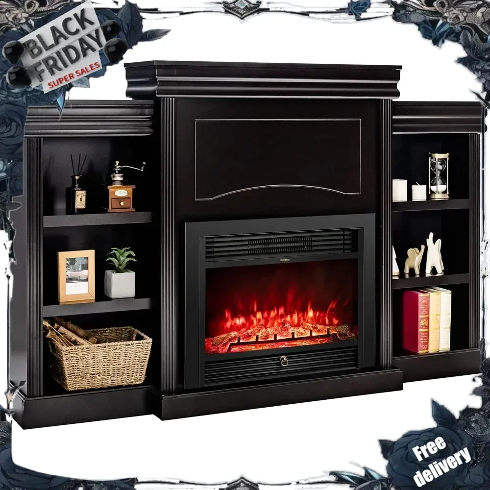 

70" Mantel Fireplace, 750W/1500W Electric Fireplace w/Mantel & Built-in Bookshelves, 28.5-Inch Electric Fireplace