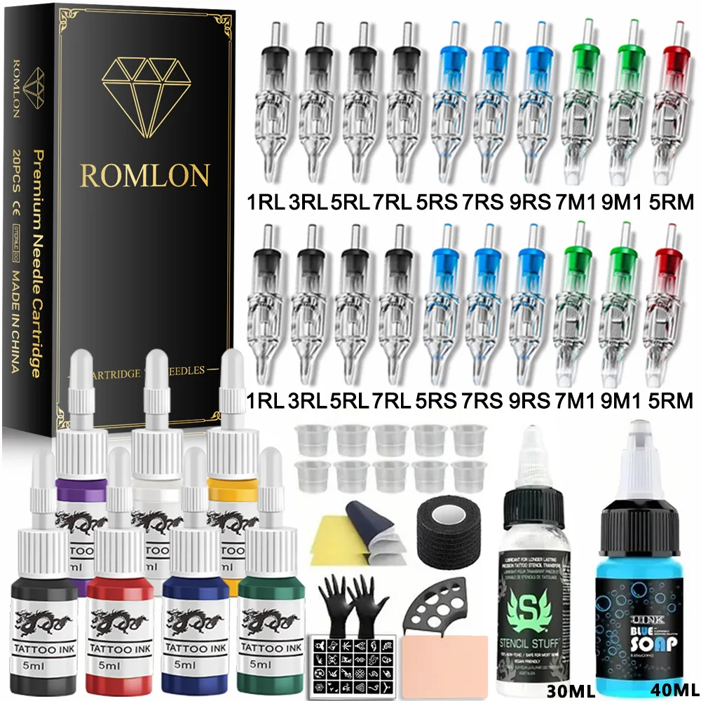 

47pcs Tattoo Accessories Kit with Tattoo Cartridge Needles Tattoo Ink Stencil Transfer Gel Clean Soap Full Set of Tattoo Suppies