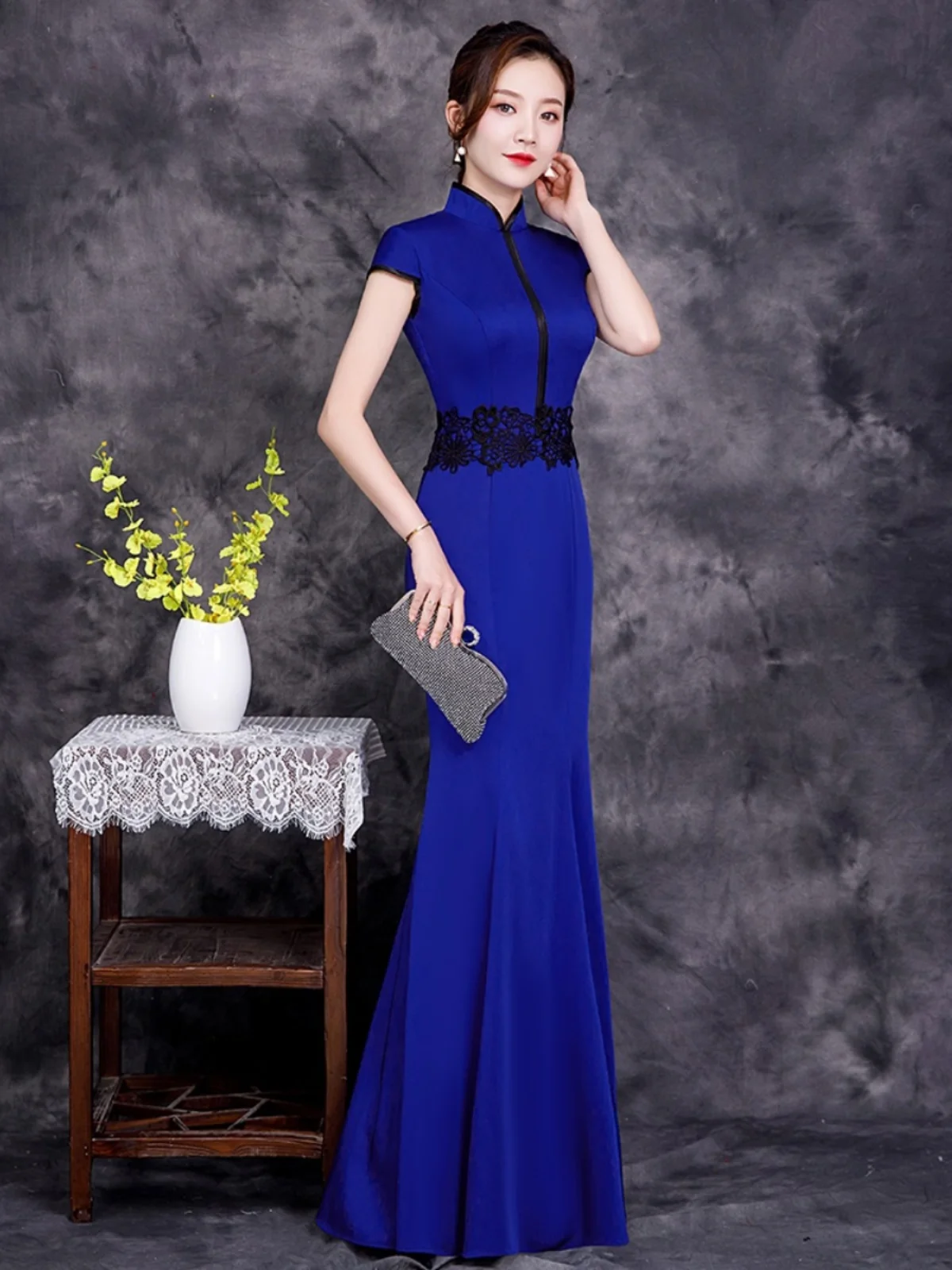 

Ele Long Blue Evening Gown Tailored Fi Tail Qipao Performance Costume T ow off Stage at Banquet Purple Destiny