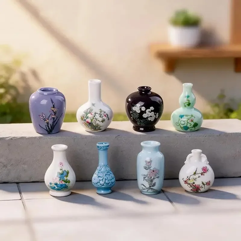 8Pcs Creative Imitation Porcelain Mini Bottle Resin Vase, Micro Landscape Figurine DIY Desktop Decoration Ornaments