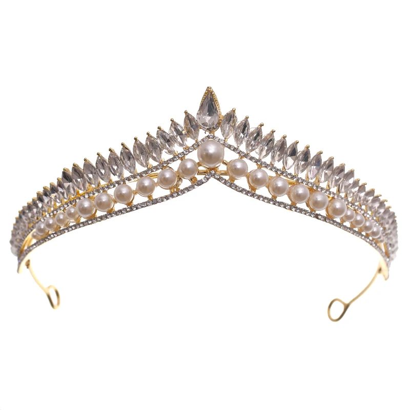 Baroque Vintage Pearl Crystal Crown Tiara Rhinestone Prom Diadem Headband For Women Bridal Wedding Hair Accessories Jewelry Gift