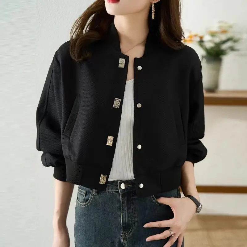 Black Short Sportswear Jacket For Women's Spring And Autumn 2024 New High Waisted Jacket Fashionable Cardigan Baseball Jersey