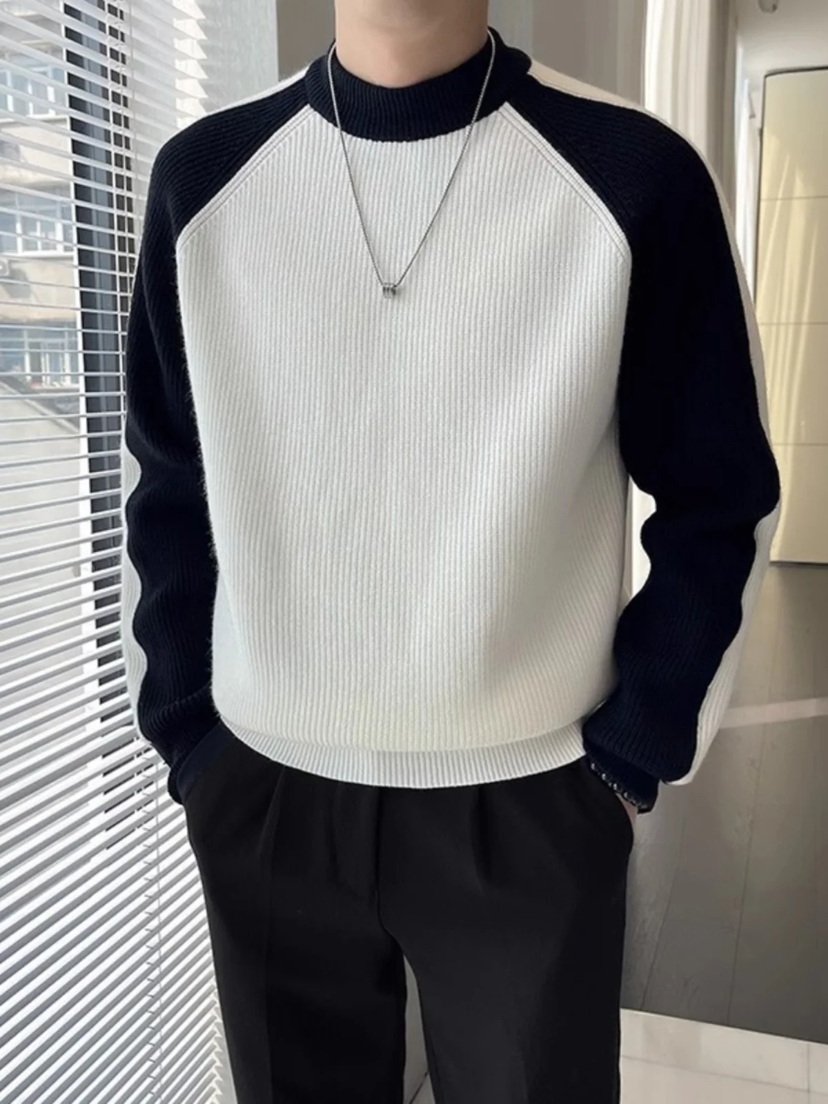 

Slim Fit Knitted Sweater Men's Crew Ne Overhead Color Blo Base irt Trendy Inner Wear Casual Long Sve Faion Streetwear