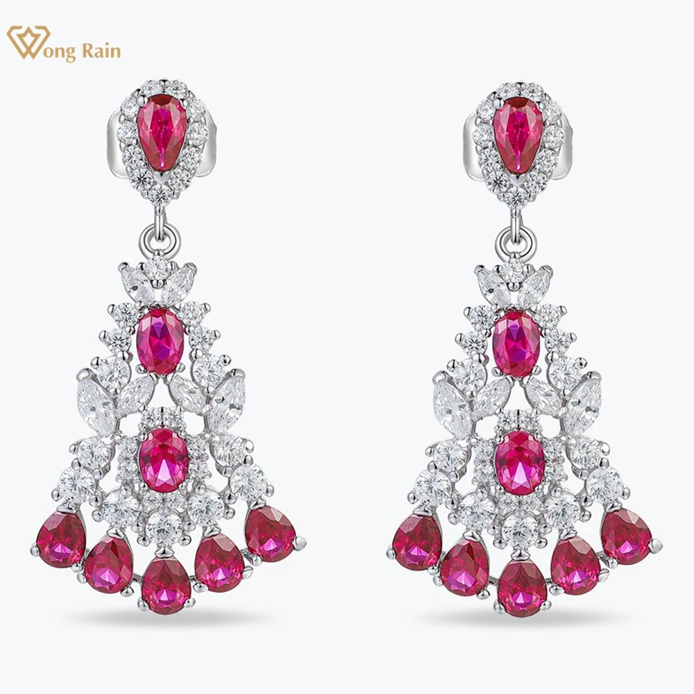 Wong Rain Vintage 100% 925 Sterling Silver Round Cut Ruby High Carbon Diamond Gems Drop Dangle Earrings for Women Fine Jewelry