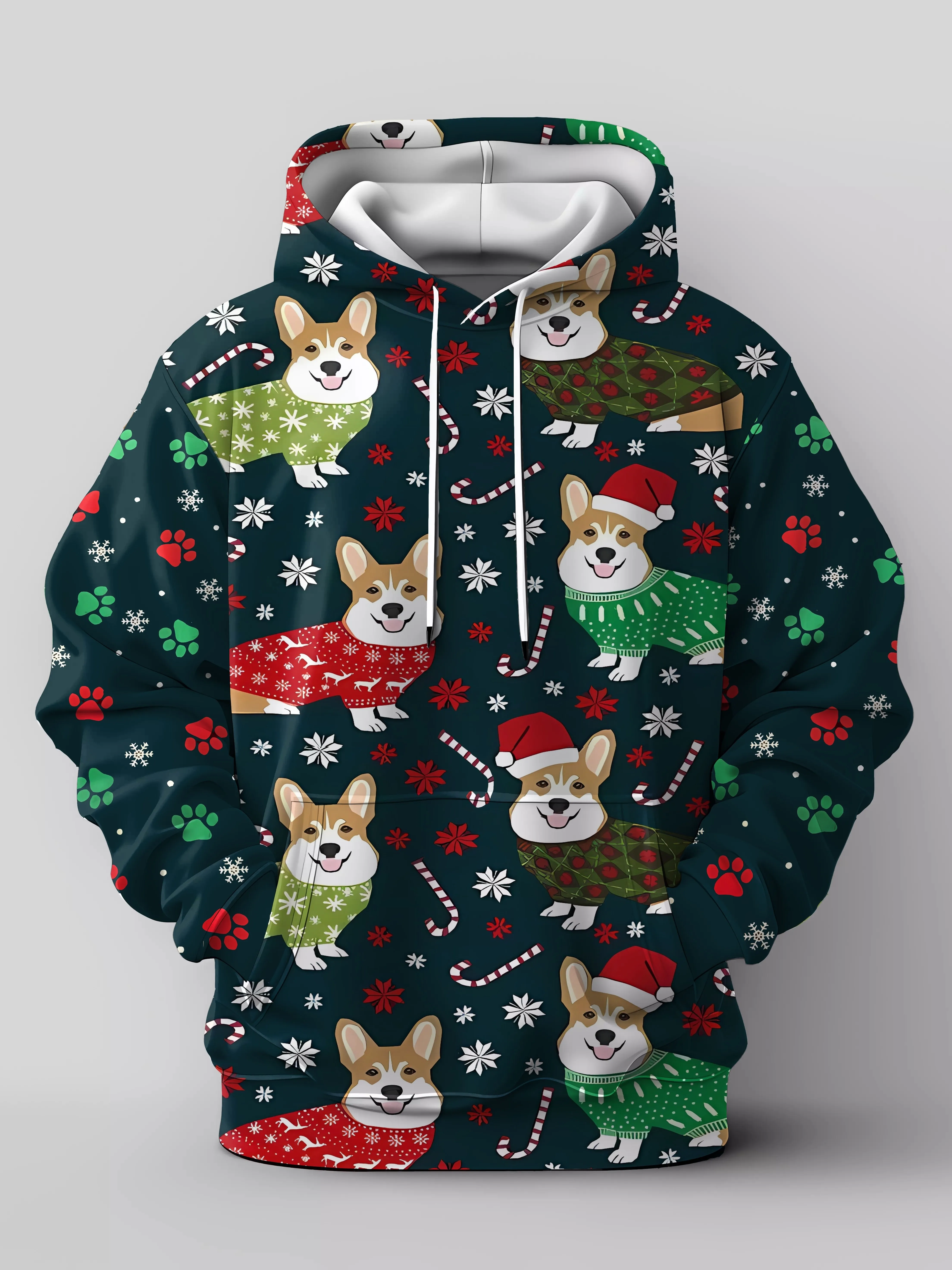 Men's Casual Polyester Hoodie with Corgi Christmas Print Hooded Pullover Slight Stretch Festive Pattern Long sleeve Sweatshirt