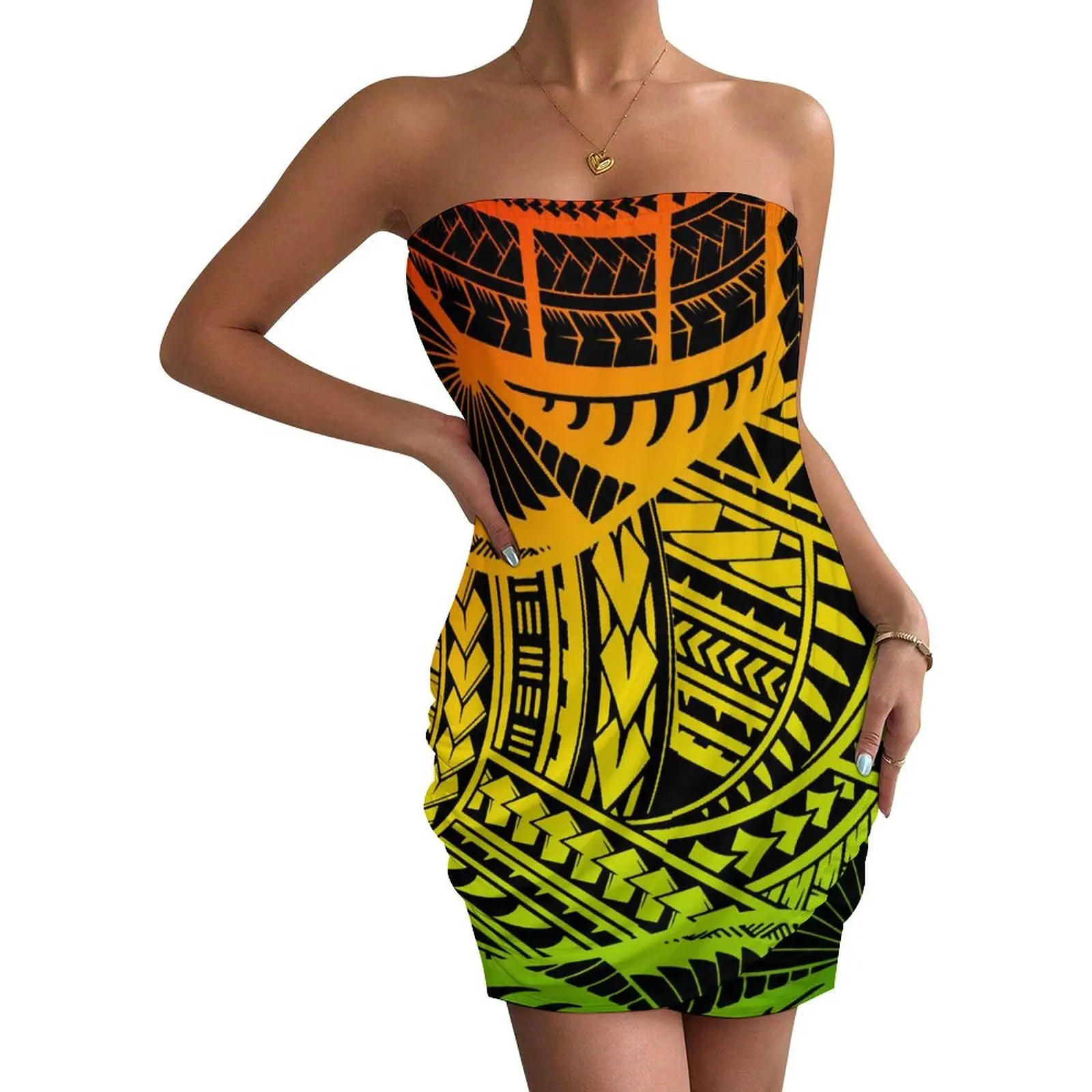 Hawaii-Kleid: Polynesian Tribal Sexy Kleid, Urlaubskleidung, Strandkleid, bedrucktes Chiffonkleid, hawaiianisches schlankes individuelles Muster