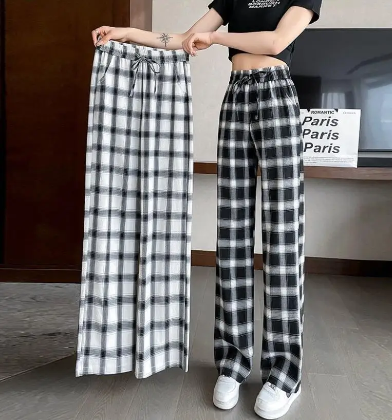 

Black and White Plaid pants Oversize New Women Casual Loose Wide Leg Trousers Ins Retro Teen Straight Trousers Hiphop Streetwear