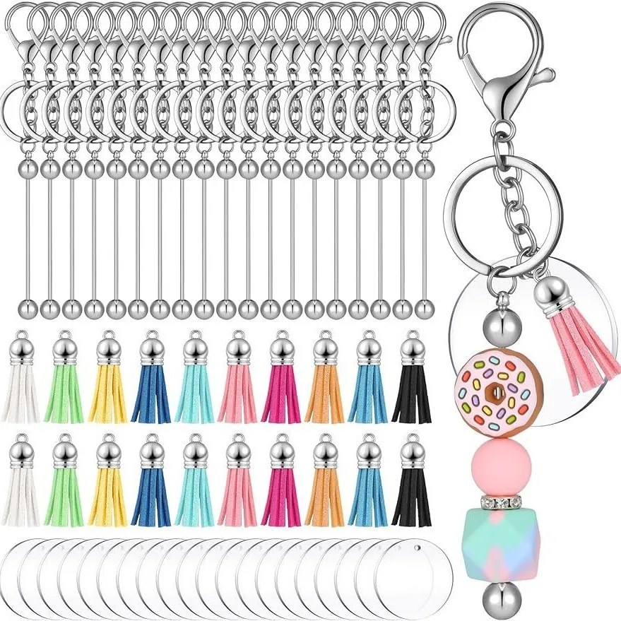 60pcs Blank Transparent Acrylic Beaded Key Chain DIY Bag Tassel Key Chain Embryo Pendant Accessories Cute Desk Accessories