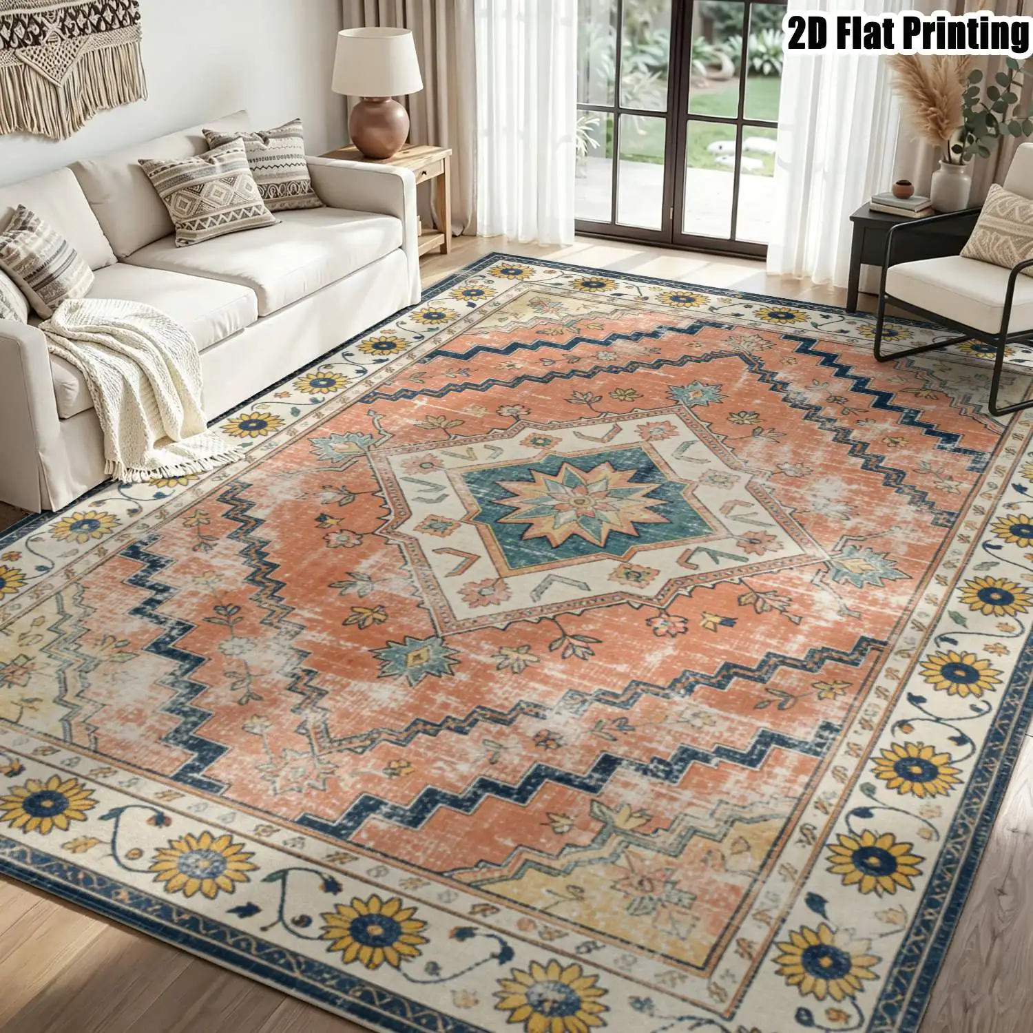 1Pc 2D Printed Carpet: Light Green Base Pink-Yellow Flowers, Retro & Instagram Style, Machine Washable, Multi-Size, Home Decor Mat for Entrance, Dining, Bedroom, Living Room Etc