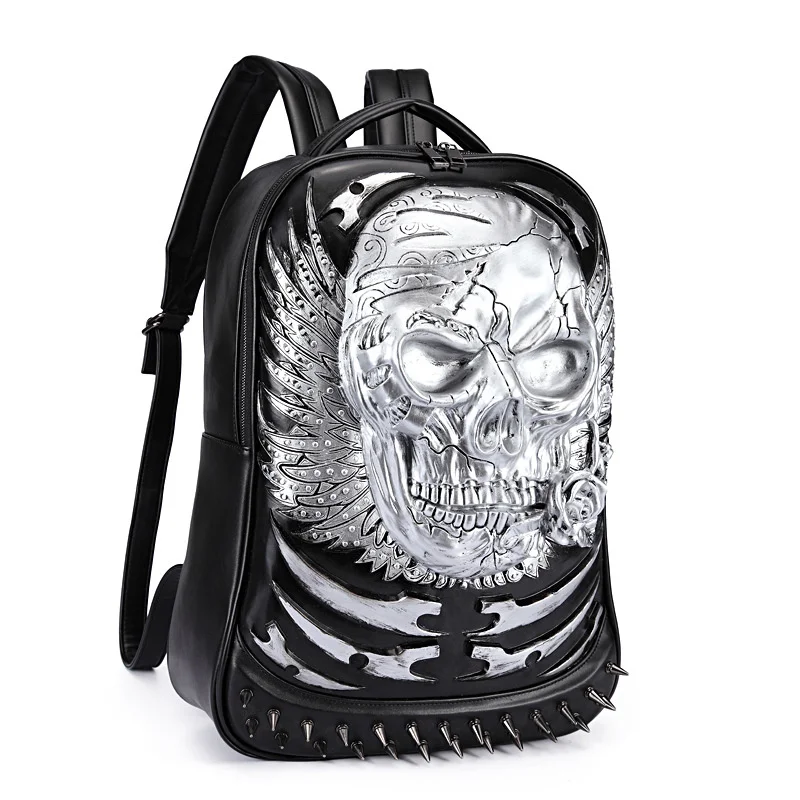 Rivet 3D Skull Skeleton Embossed Shoulder Bag Travel Punk Backpack Restore Halloween Cool Dark Gothic Carving Style