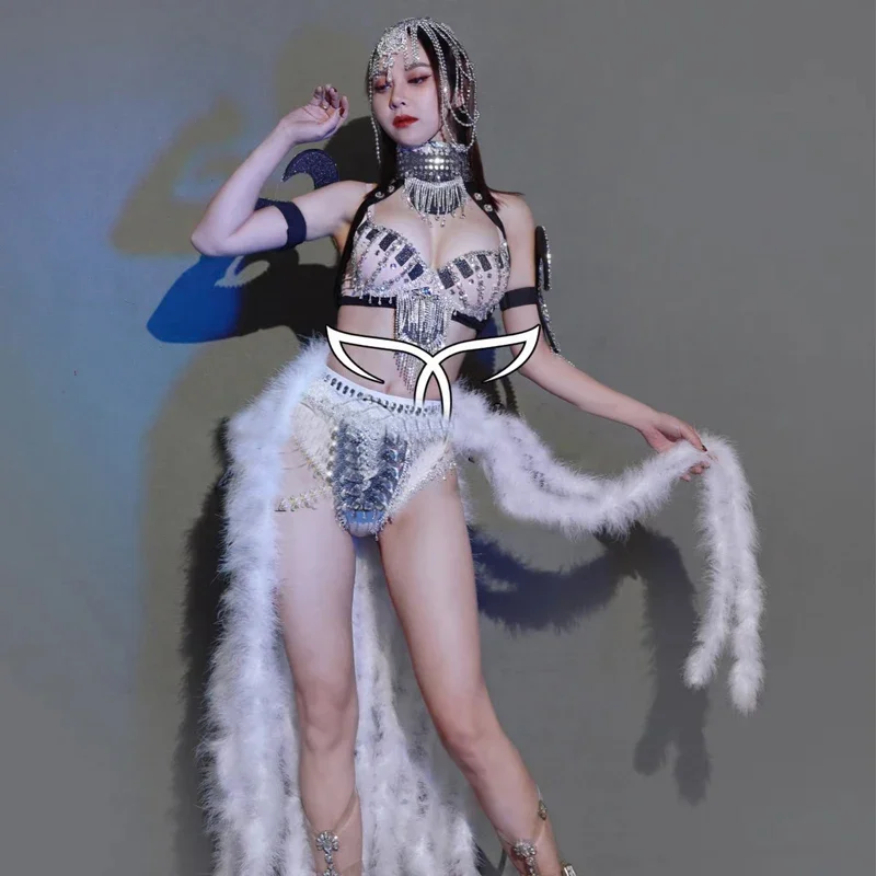 Sexy Gogo Tänzerin Outfit Diamant Bikini Pelz Rock Frauen Party Pole Dance Kleidung Nachtclub Dj Ds Gogo Kostüm Bühne Tragen XS6934
