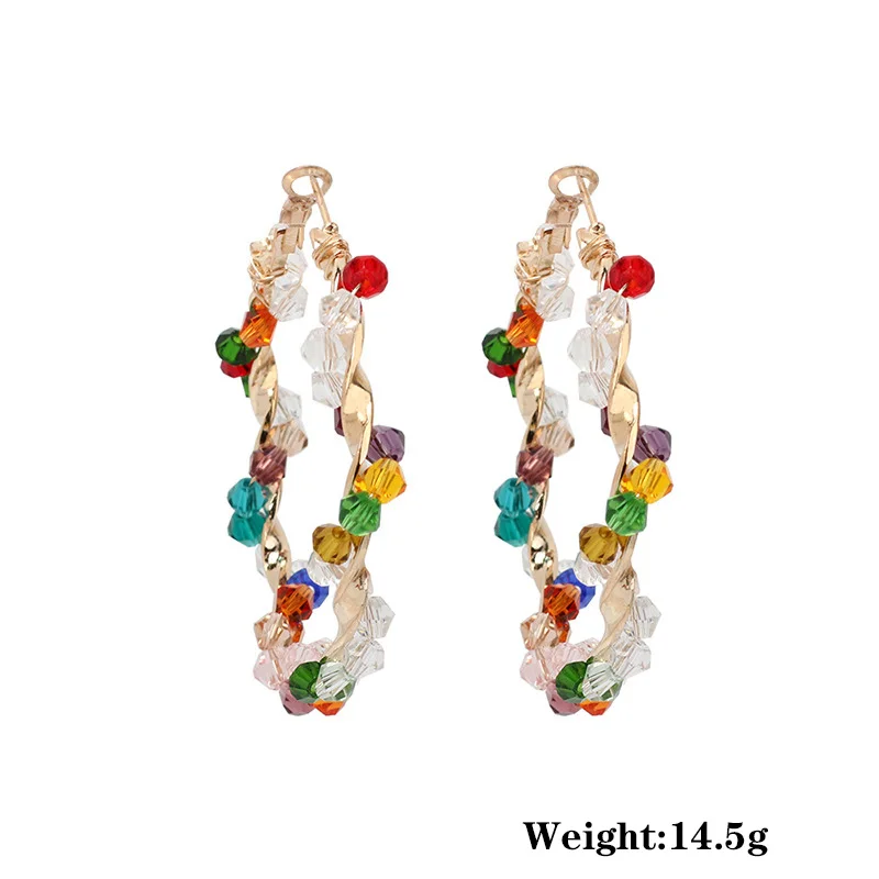 Fashion Vintage Boho Ethnic Earrings Colorful Glass Beads Mix Color Earring Hoop Yellow Rice Bead Earrings Metal Three-Dimension