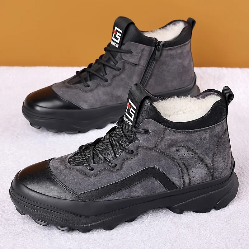 Leather Boots Men Shoes Winter Wool Plush Boots Outdoor Boots High Top Hiking Shoes Bota Masculina Botas Hombre Hiking Boots Men