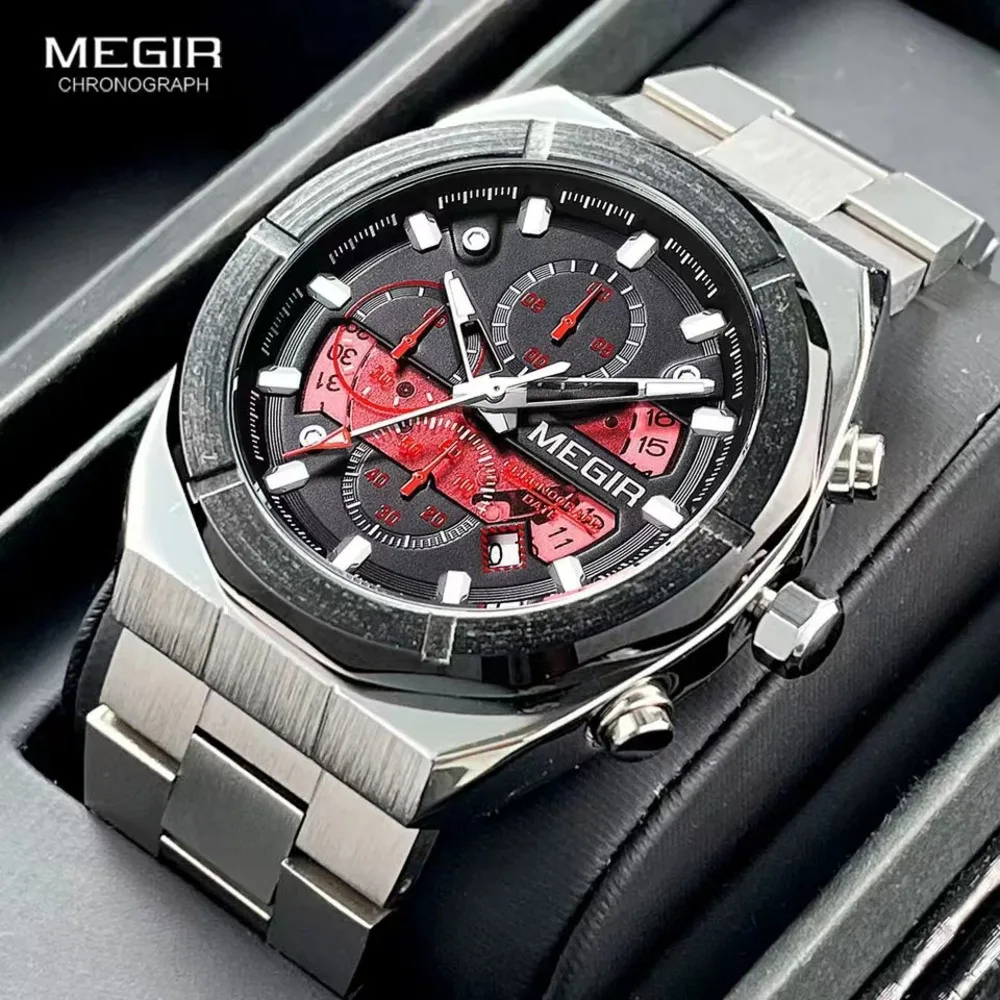 

MEGIR Watches for Men Stainless Steel Fashion Business Mens Watch Waterproof Luminous Calendar True Six Pointer Reloj Hombre