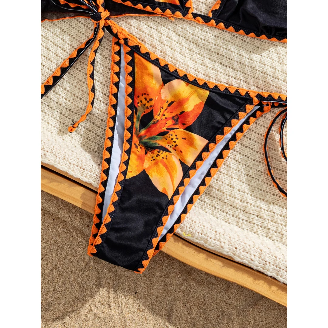 S - XL, mit T-Shirt, Blumenmuster, Bikini, Damen-Badebekleidung, dreiteiliges Bikini-Set, Badeanzug, Badebekleidung, Modell V8537. – Detail 14