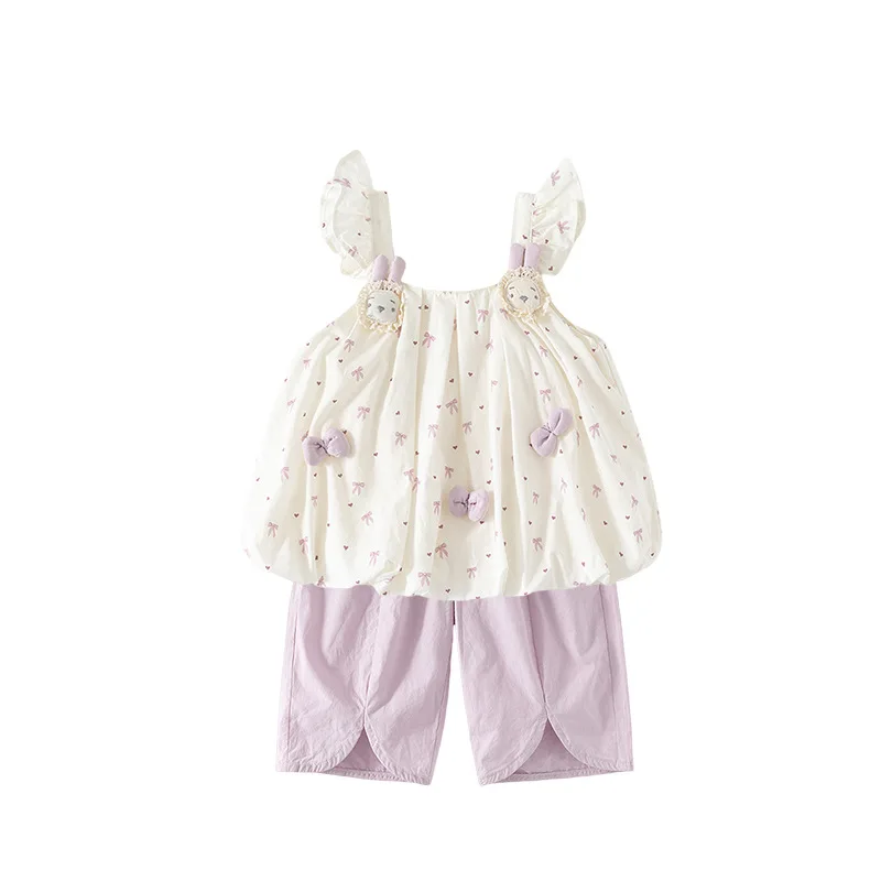 طقم بناتي ملابس صيفية 2025 قميص قصير أنيق جديد للأطفال سروال رفيع طقم صيفي مكون من قطعتين ملابس أطفال #5