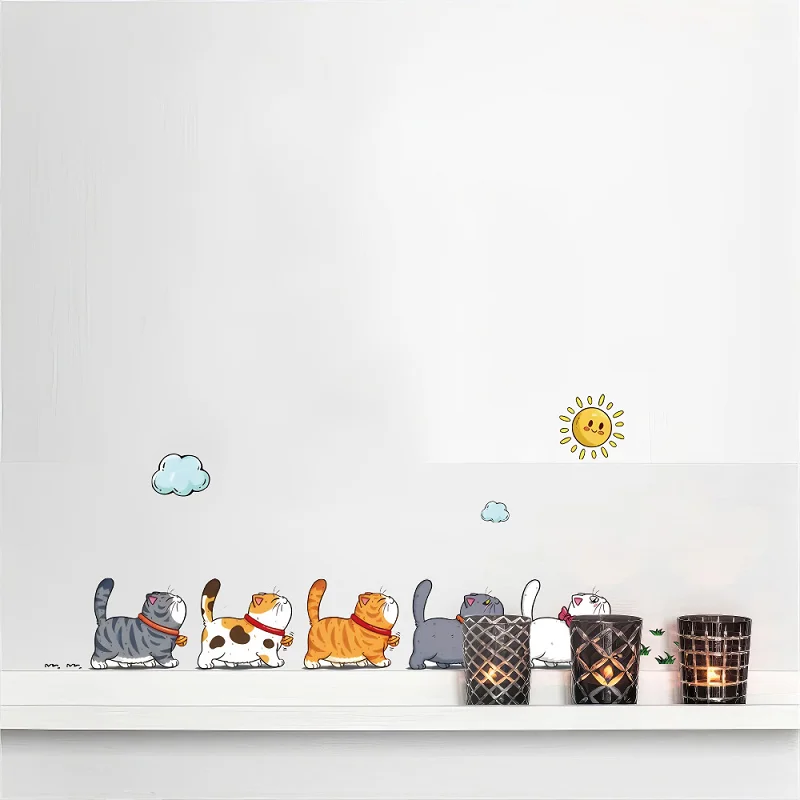 Kittens Strolling Wall Decals Living Room Bedroom Hallway Entrance Bathroom Waterproof PVC Self-Adhesive Cat Wall Stickers