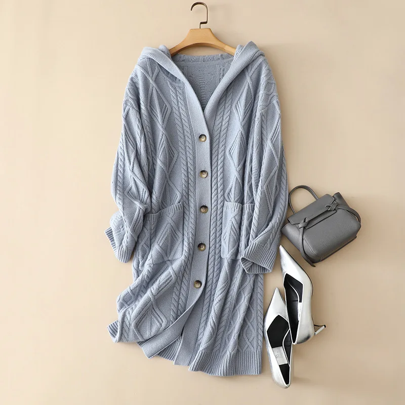 winter new 5gg thick hooded sweater luxury cashmere merino chunky cable knit long cardigan coat