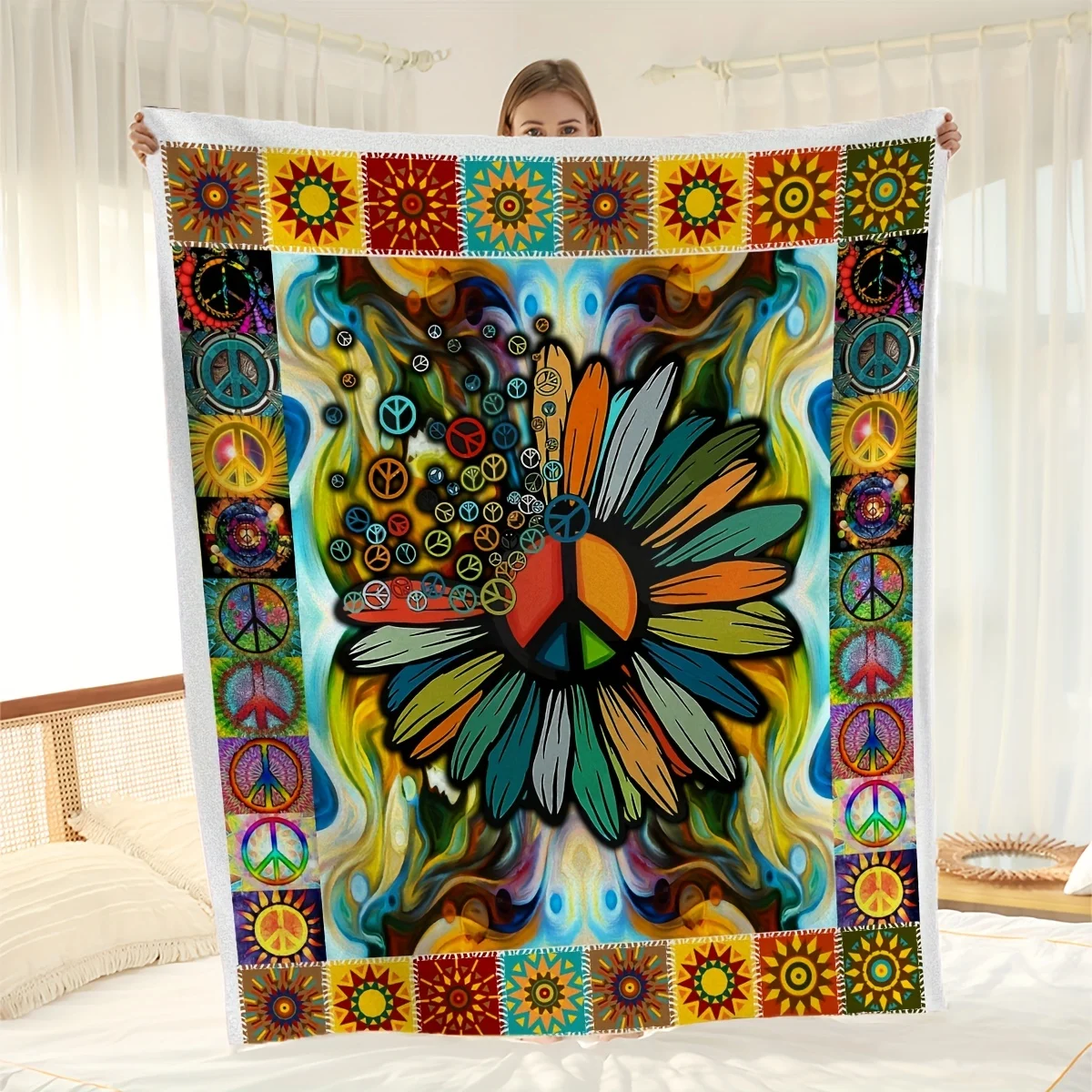 Colorful Blossoming Flowers Flannel Blanket - Vibrant, Pattern with Peace Symbols & Floral Motifs, Machine Washable, All-Season