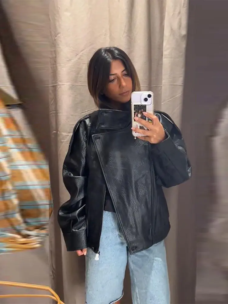 Dámská kožená bunda s dlouhým rukávem a stojáčkem na zip, volná, s kapsami na zip, dámské kabáty, podzim 2025, dámské svrchní oblečení s lokomotivou - náhled 4