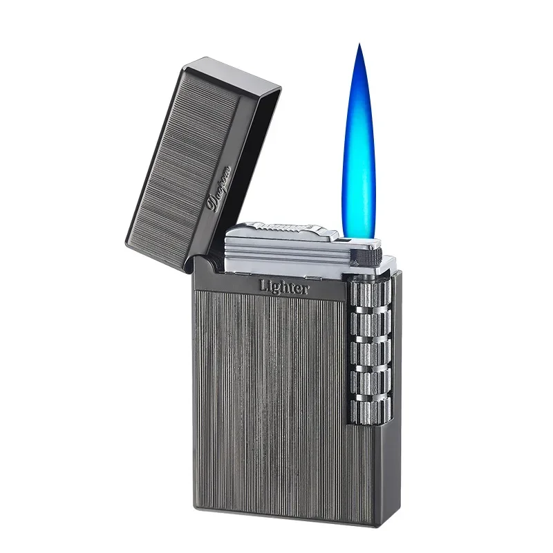 2024 Mini Classic Steel Tone Rumble Straight Metal Lighter Men\'s Gift Blue Flame Flint Lighter Smoking Accessories